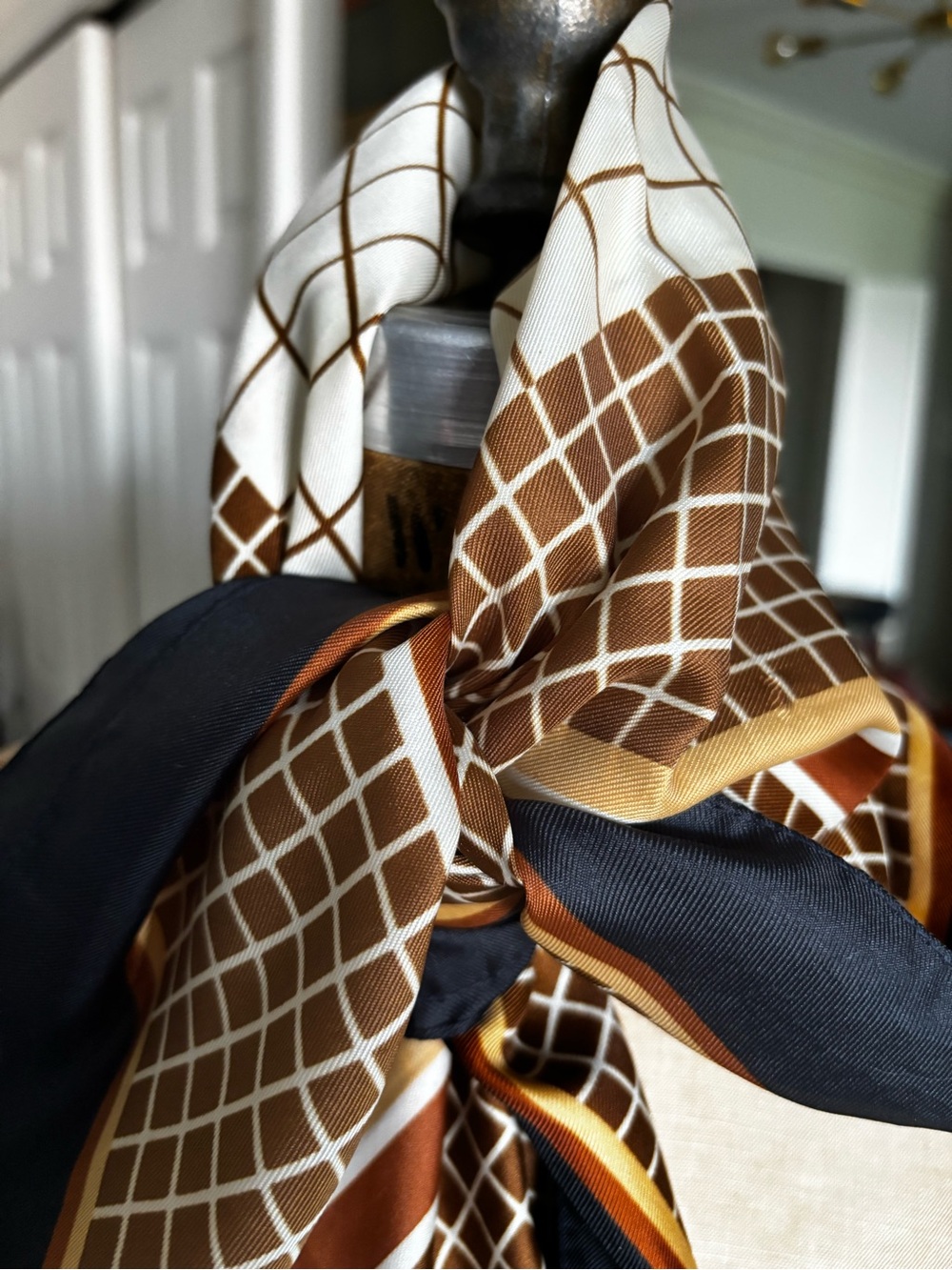 Silk-Feel Brown and Black Geometric Scarf - Picture 6 of 9